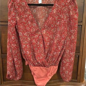 Floral Red Blouse with Long Sleeves